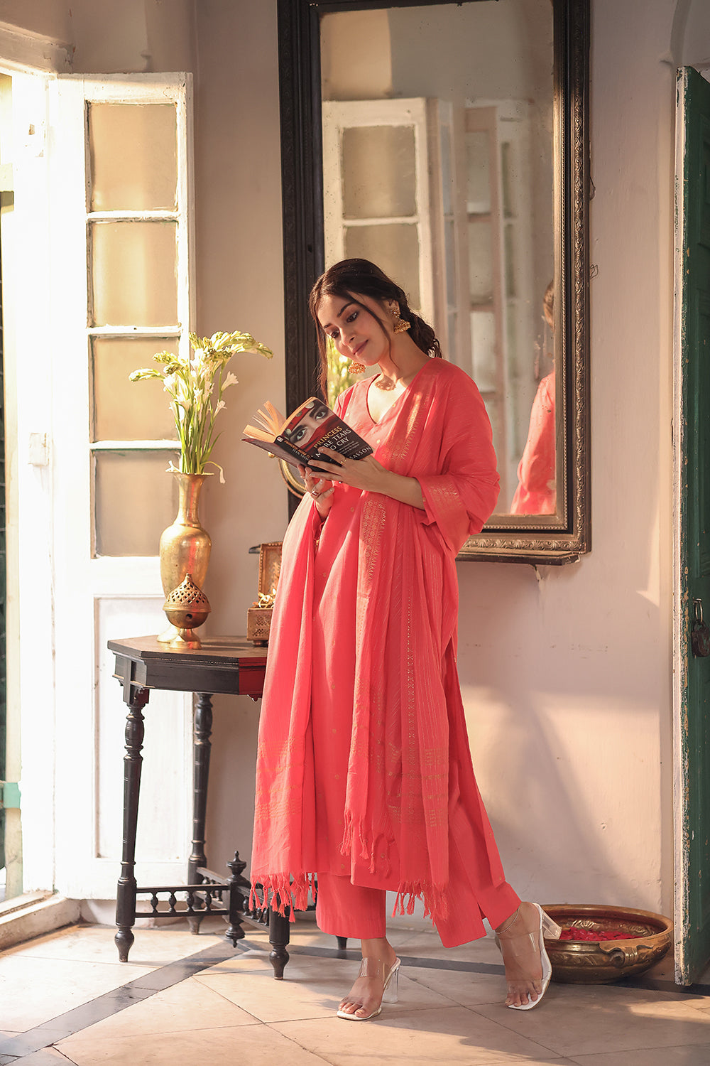 Peach Echo Pure South Cotton Zari Kurta Set With Dupatta
