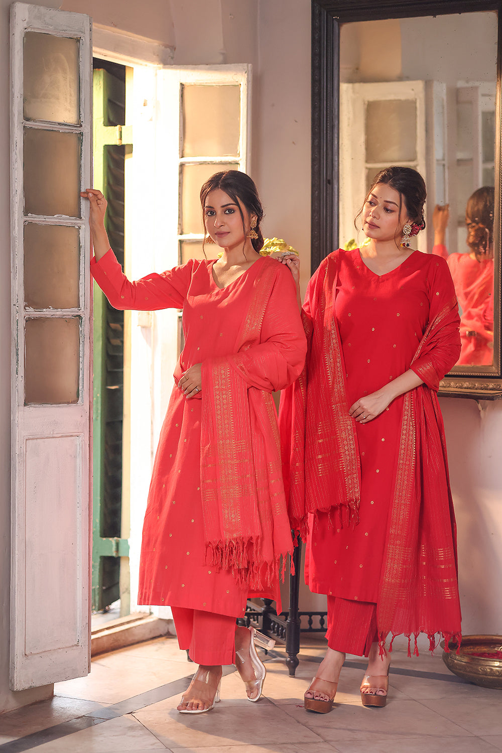 Peach Echo Pure South Cotton Zari Kurta Set With Dupatta