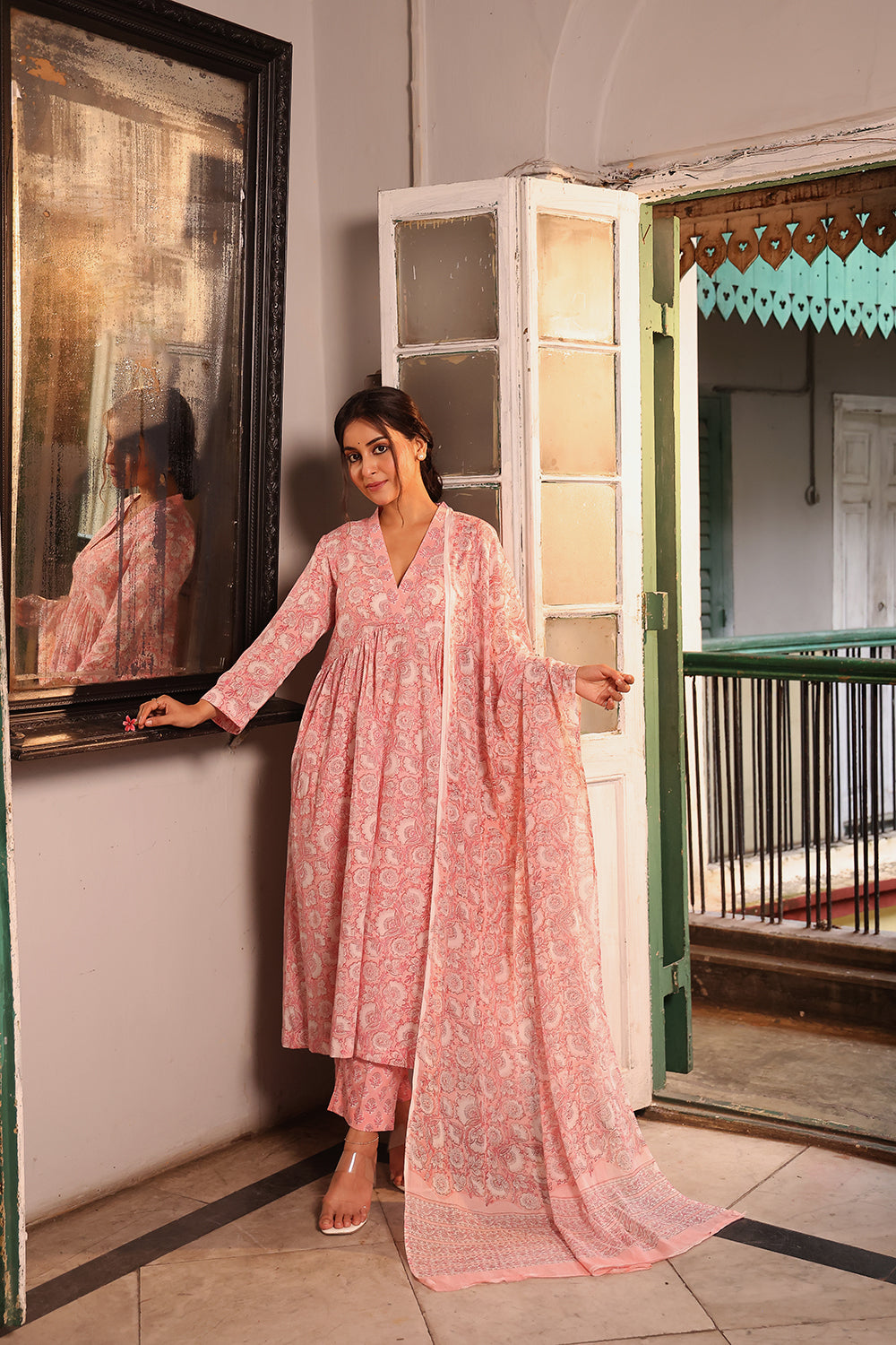Baby Pink Pure Cotton Floral Block Print Kurta Set With Dupatta