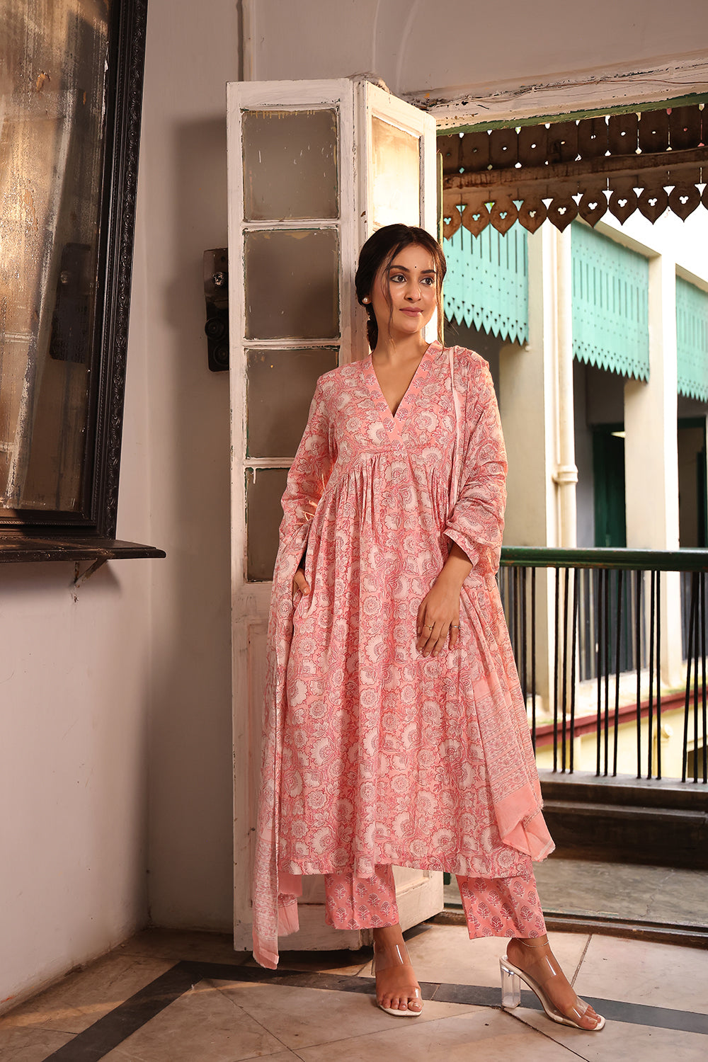 Baby Pink Pure Cotton Floral Block Print Kurta Set With Dupatta