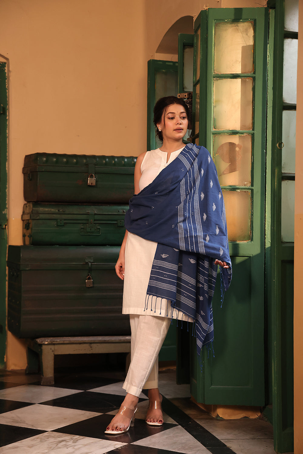 White Pure Cotton Kurta Set With Jamdani Dupatta