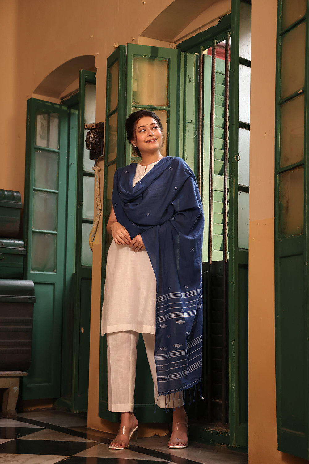 White Pure Cotton Kurta Set With Jamdani Dupatta