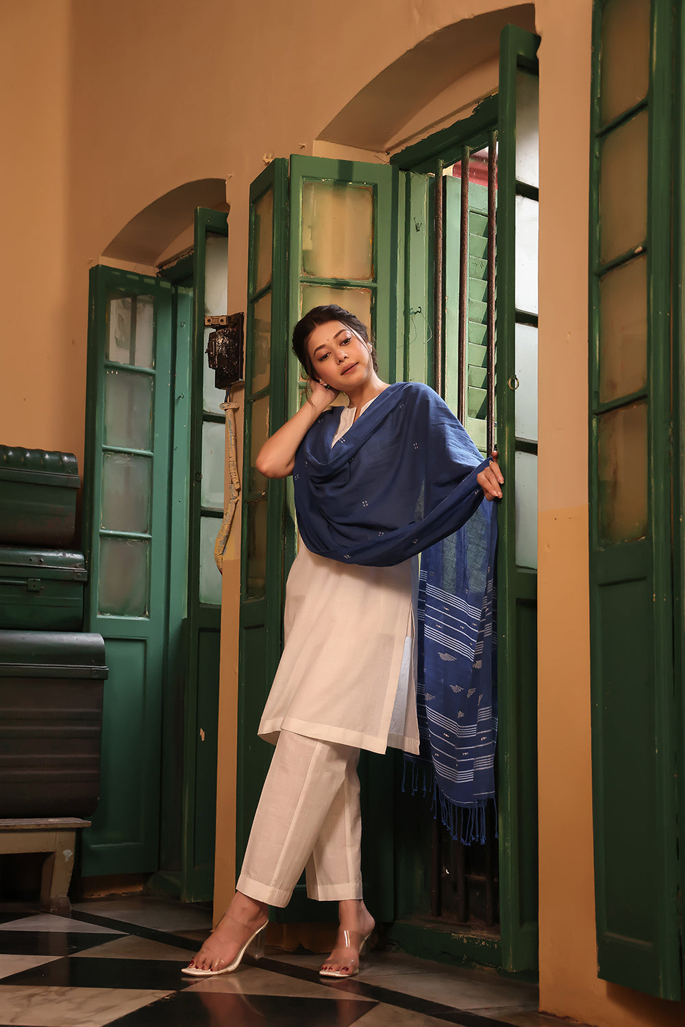 White Pure Cotton Kurta Set With Jamdani Dupatta