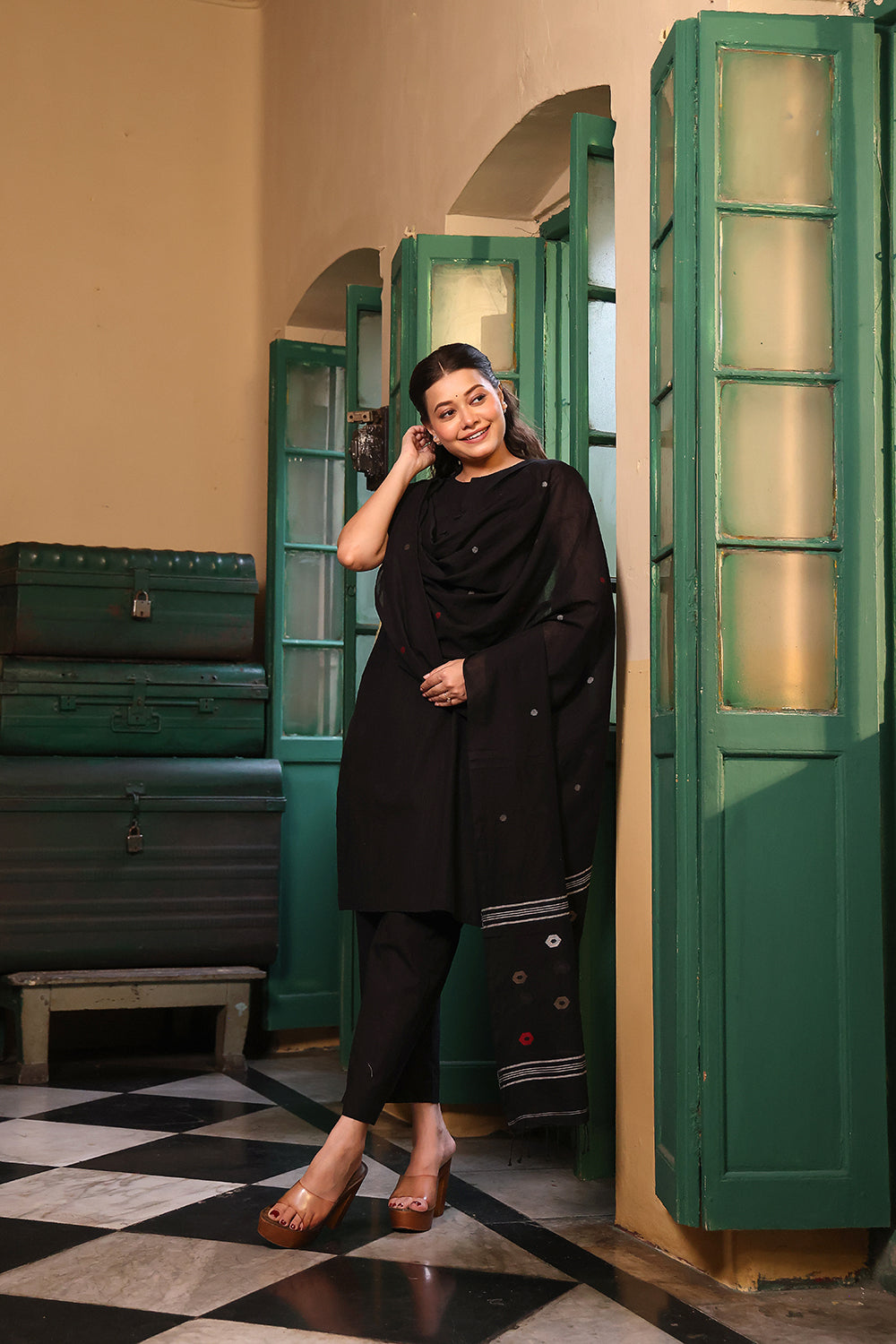 Black Pure Cotton Kurta Set With Jamdani Dupatta