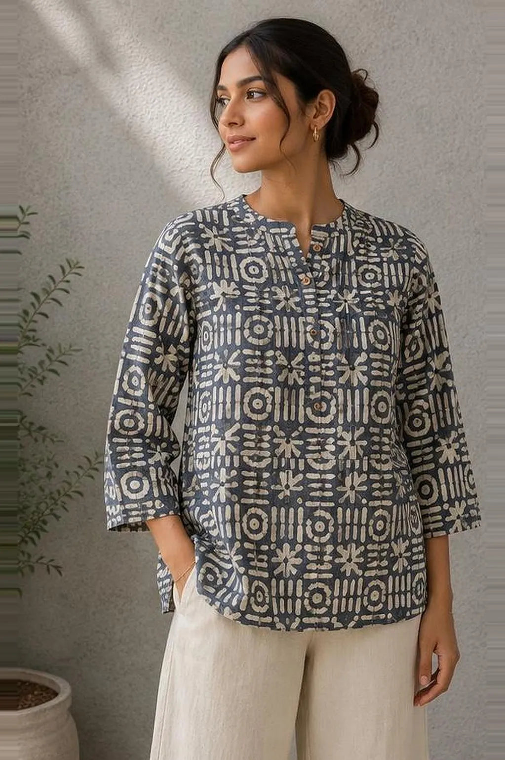 Stone Blue Hand Batik Khadi Cotton Top