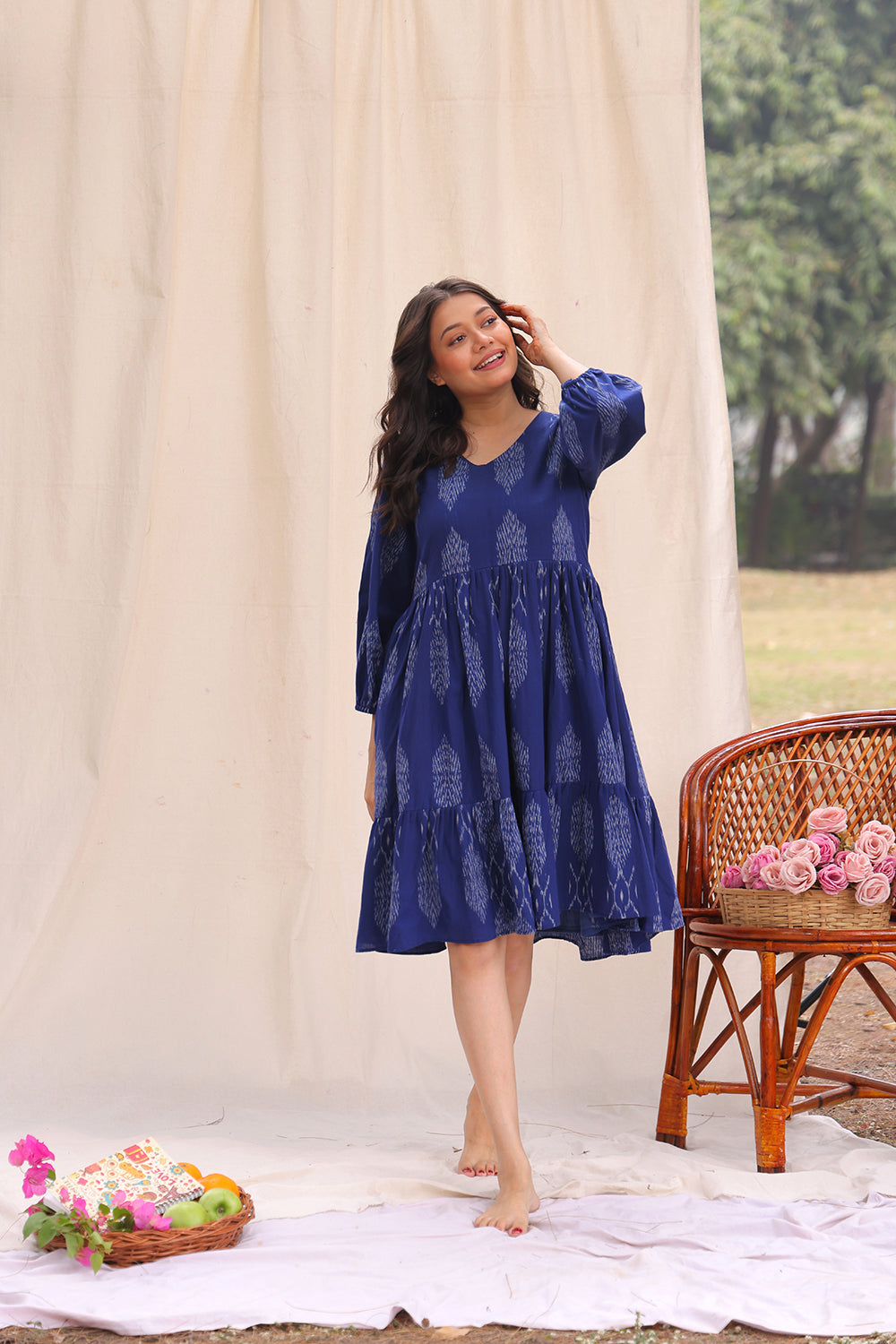 ikkat cotton dress Twilight Blue Knee length Weaving irregularities are a Lace Style:Figure Eight Women's Casual Long Sleeve Prom Dresses Deals 2018
