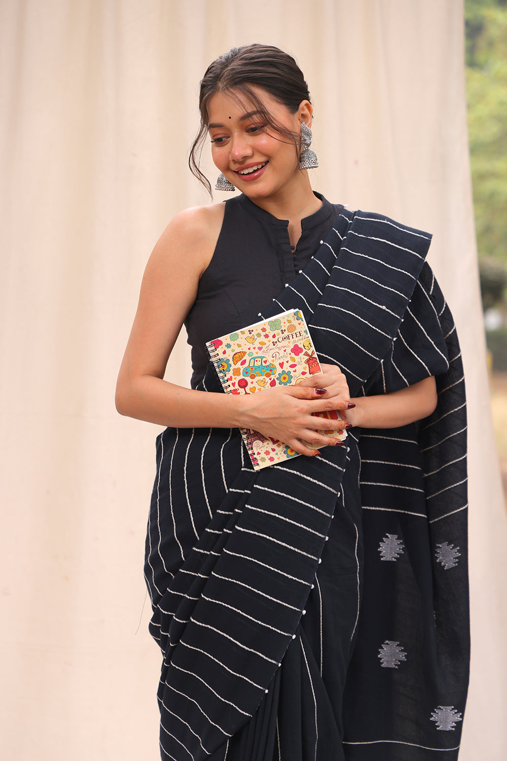 Handloom Black Pure Cotton Khesh Stripes Jamdani Saree