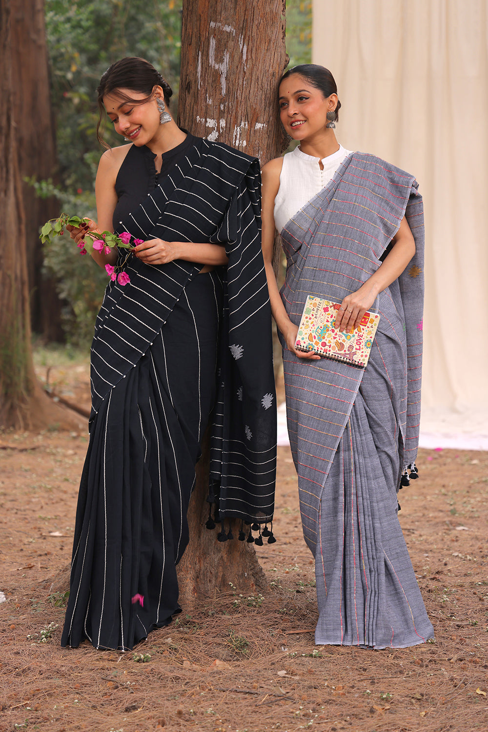 Handloom Grey Pure Cotton Khesh Stripes Jamdani Saree