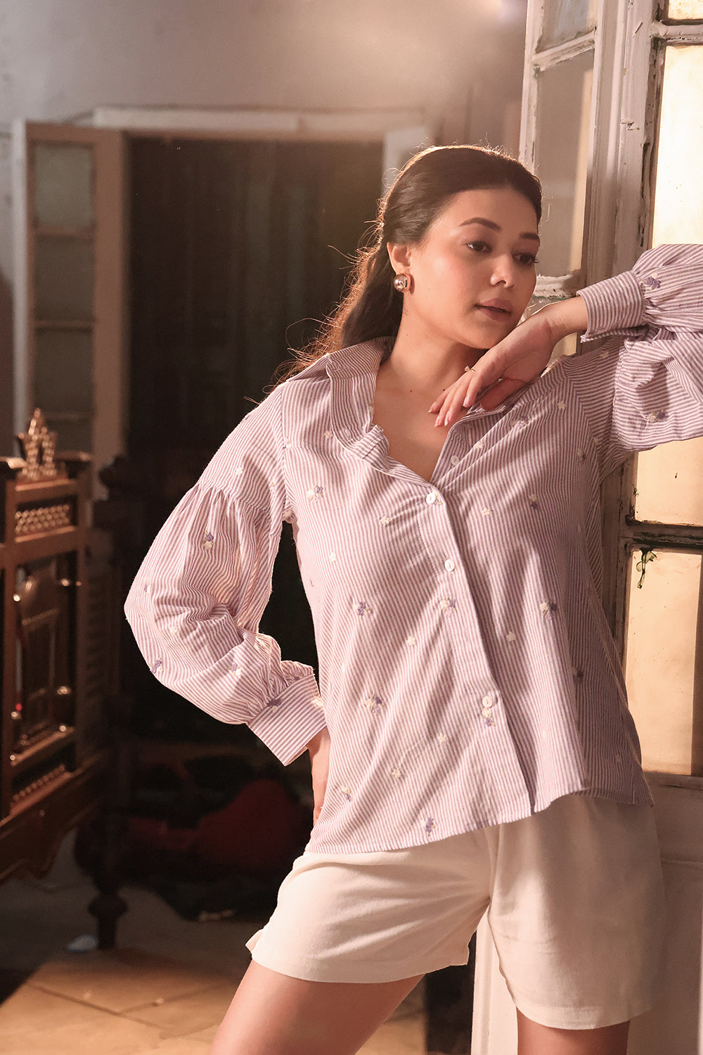 Lavender Pure  Cotton Embriodered Shirt