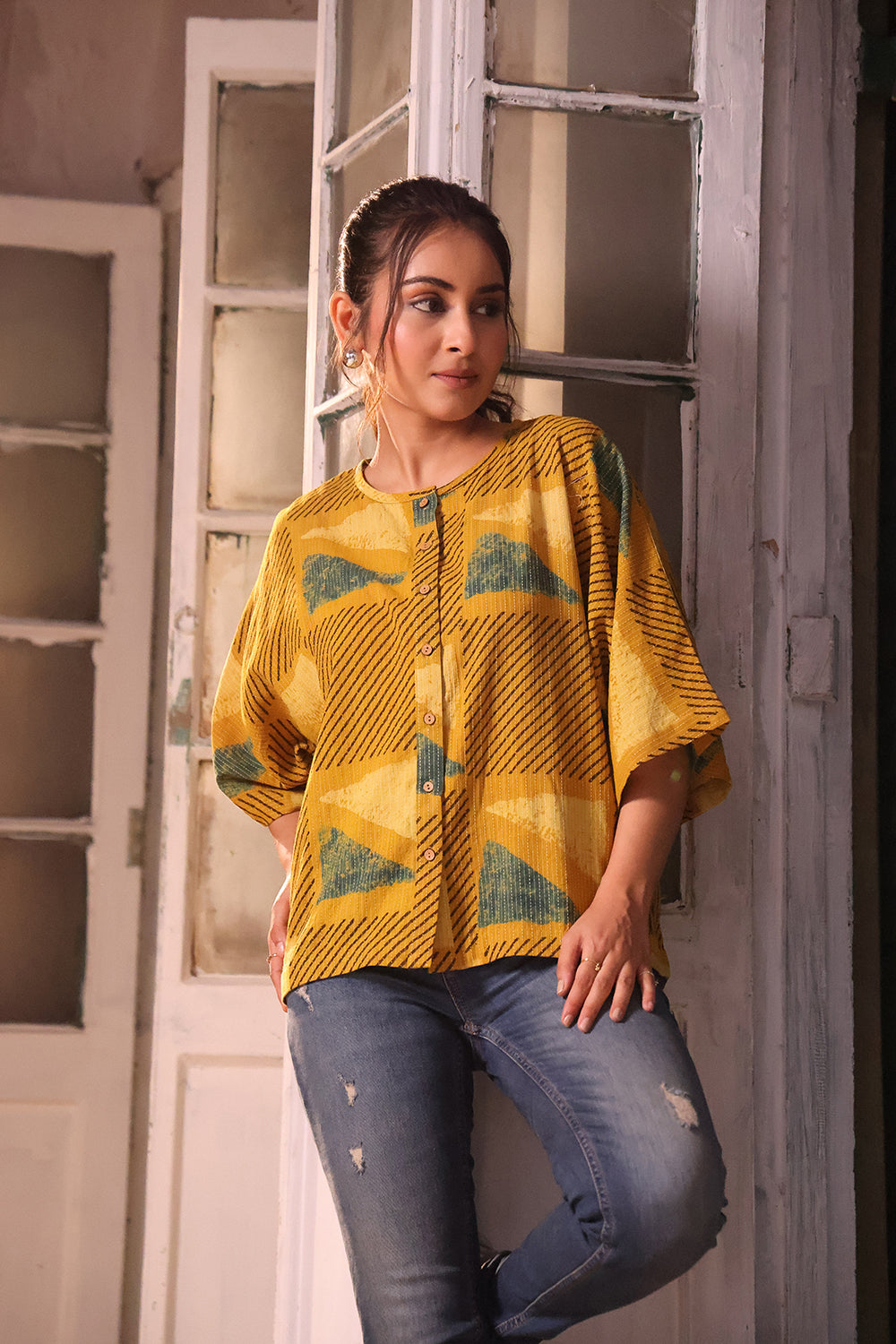 Mustard Yellow Cotton Ajrakh Shirt