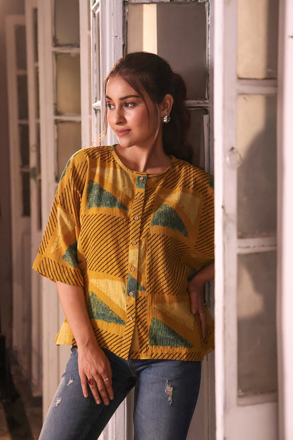 Mustard Yellow Cotton Ajrakh Shirt