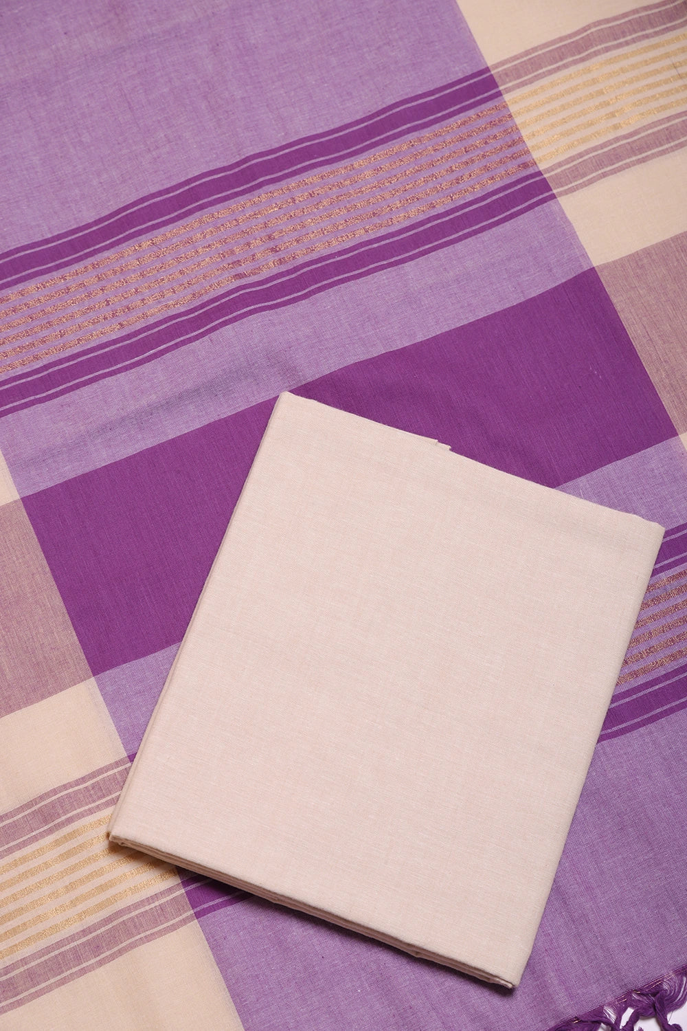 Beige and Purple Woven Suit Set with Subtle Buti & Zari Dupatta