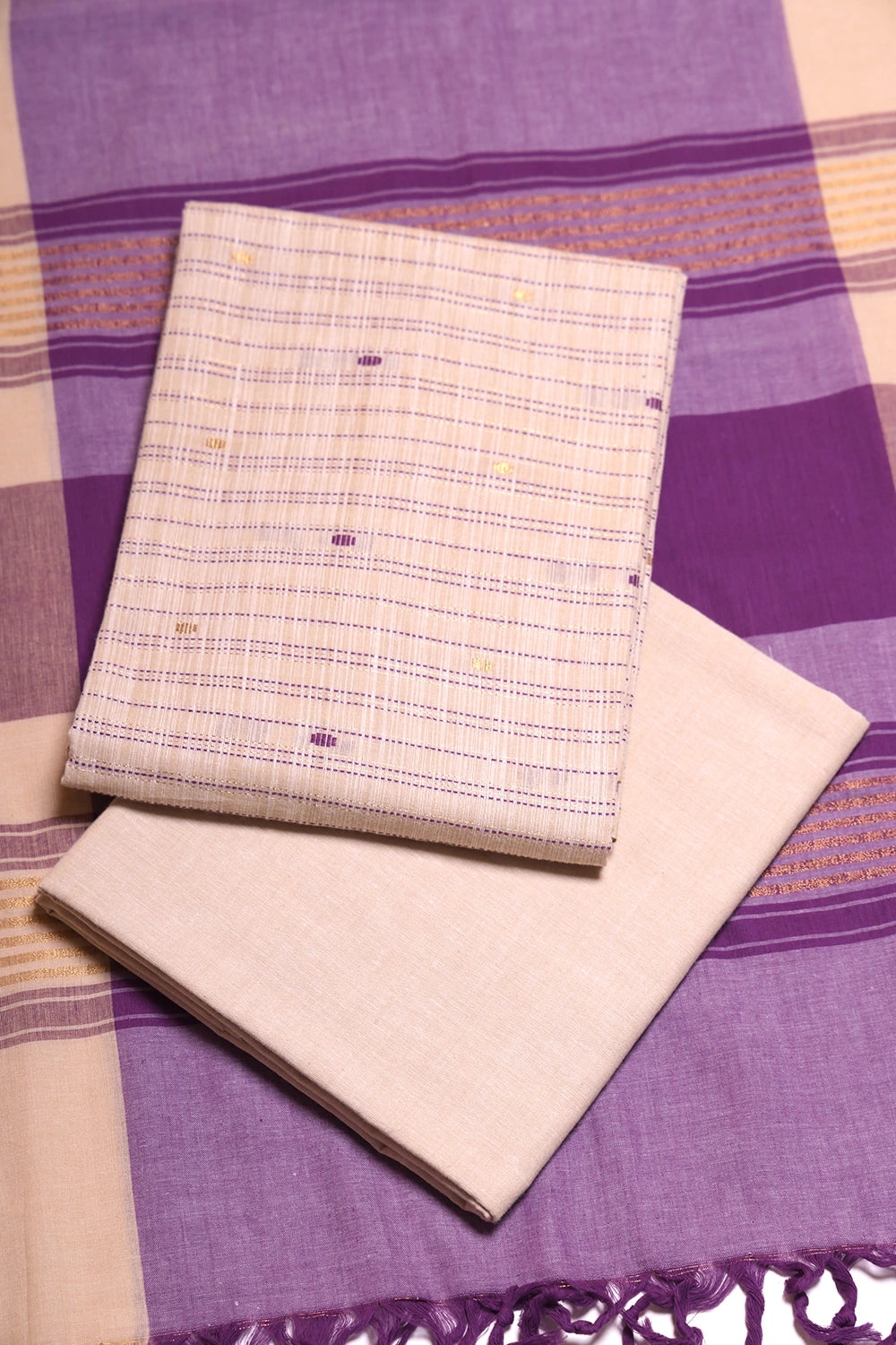 Beige and Purple Woven Suit Set with Subtle Buti & Zari Dupatta
