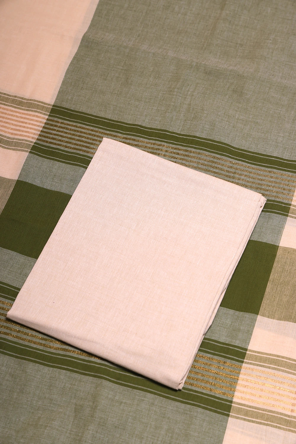 Beige and Green Woven Suit Set with Subtle Buti & Zari Dupatta