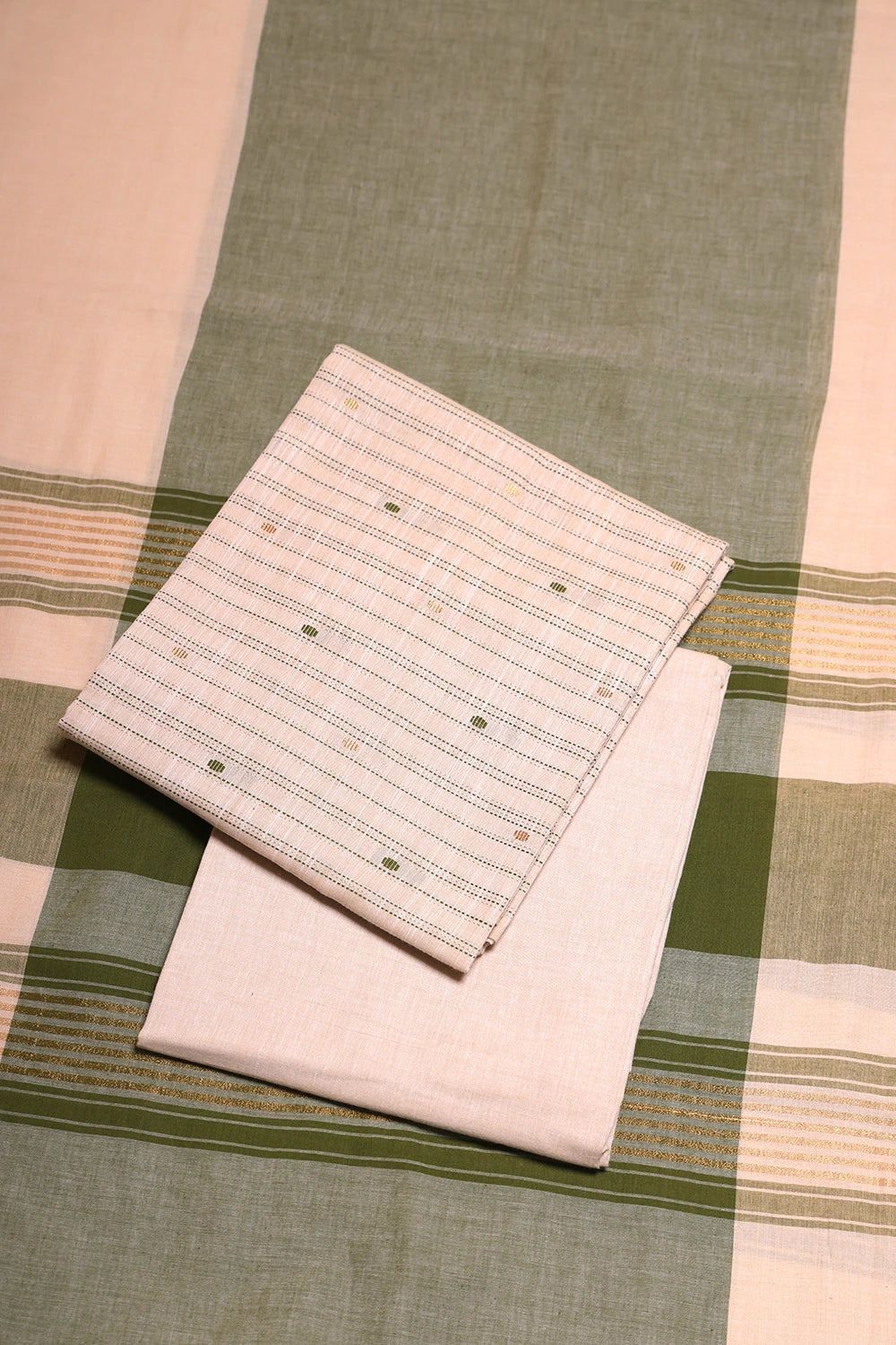 Beige and Green Woven Suit Set with Subtle Buti & Zari Dupatta