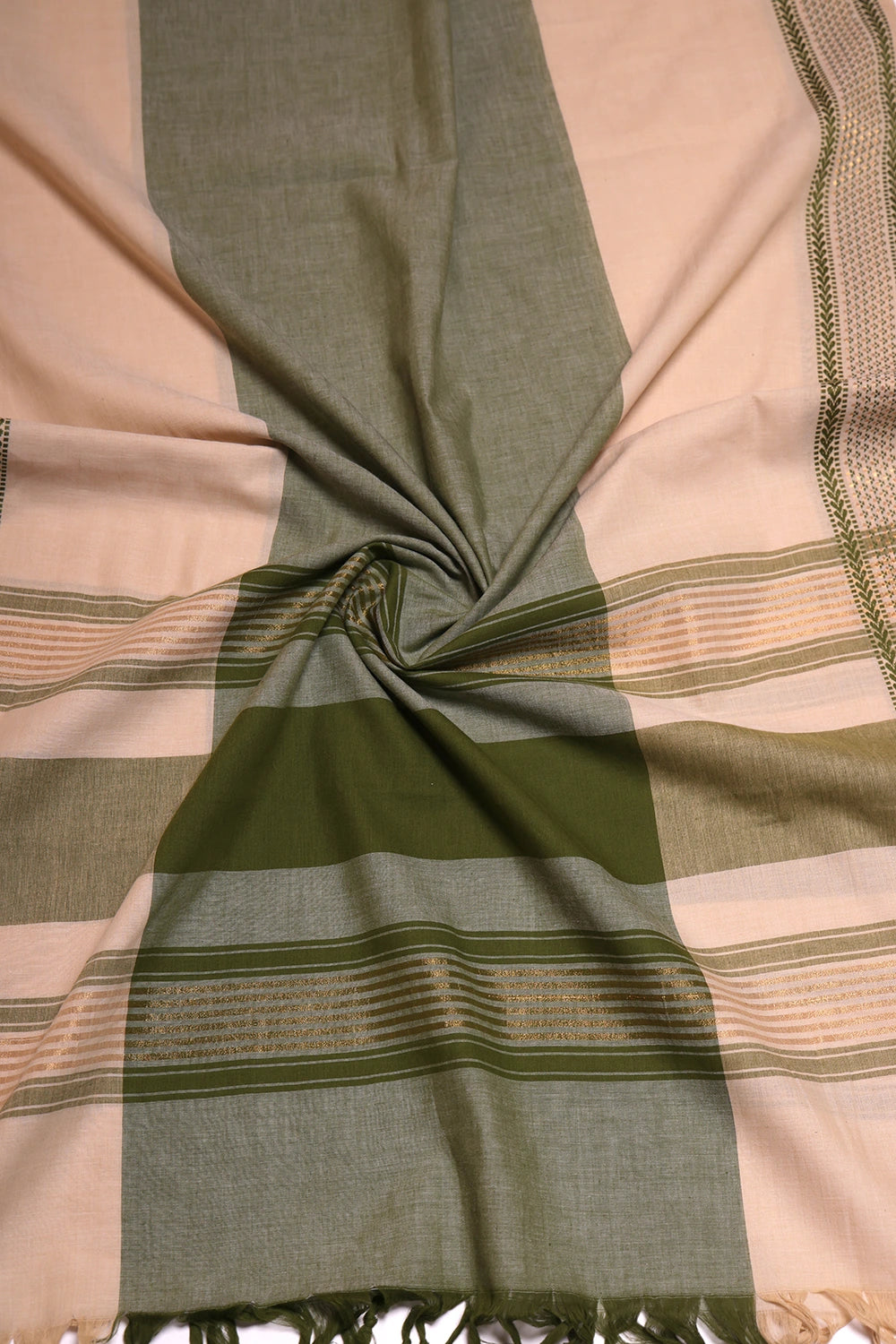 Beige and Green Woven Suit Set with Subtle Buti & Zari Dupatta