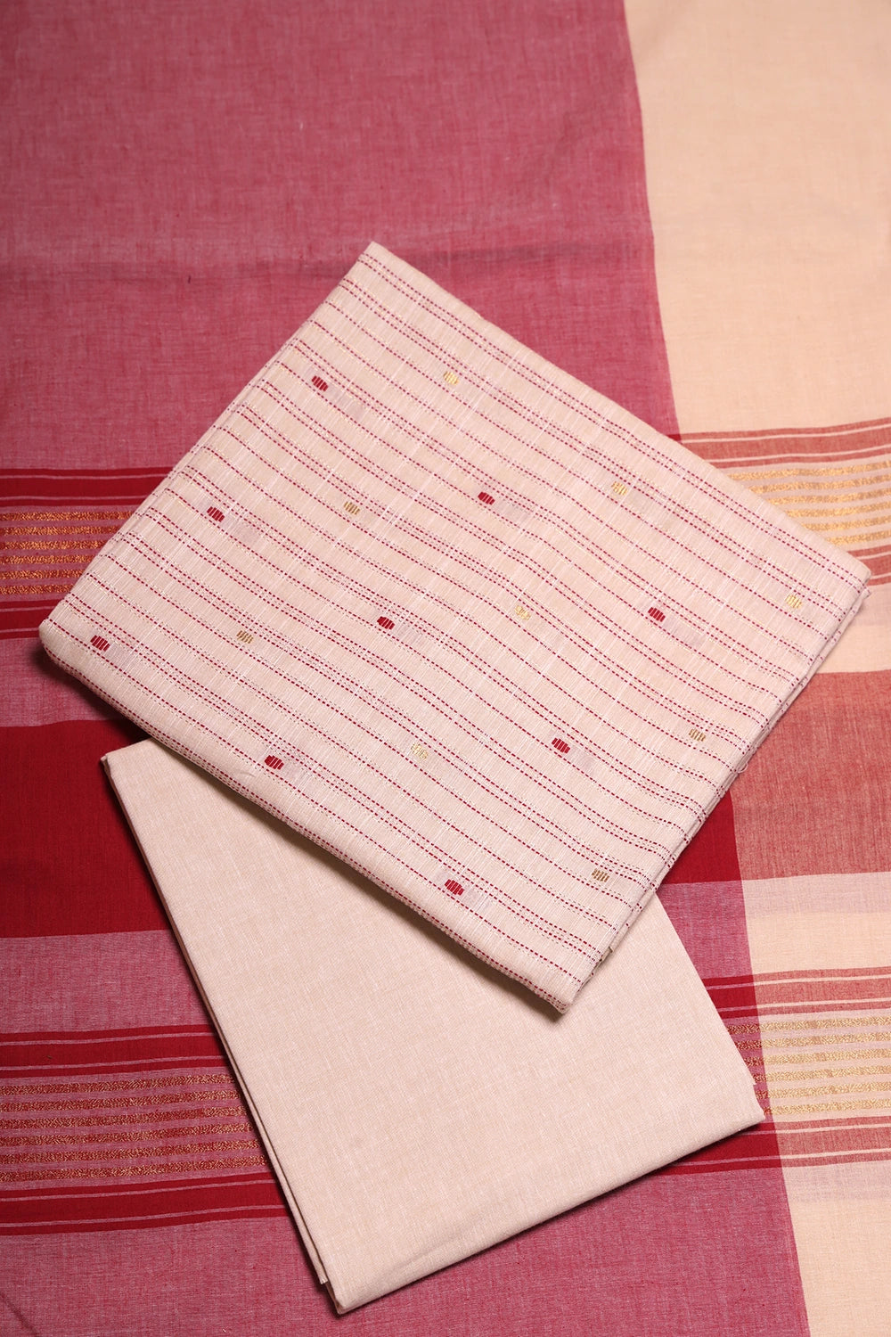 Beige and Pink Woven Suit Set with Subtle Buti & Zari Dupatta
