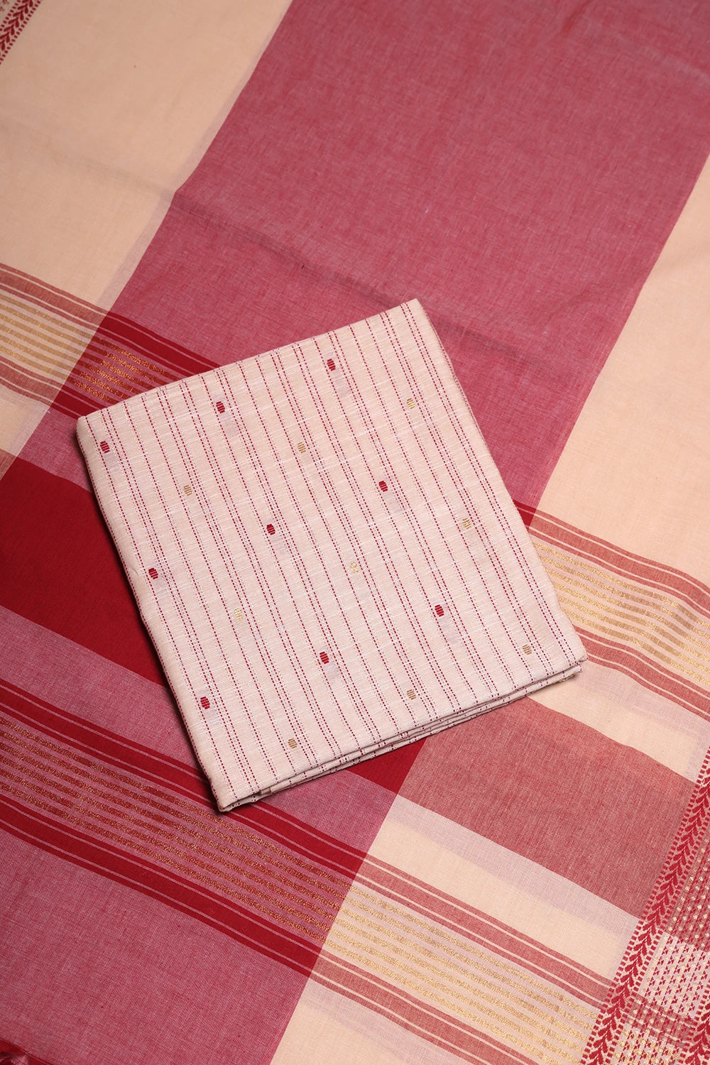 Beige and Pink Woven Suit Set with Subtle Buti & Zari Dupatta