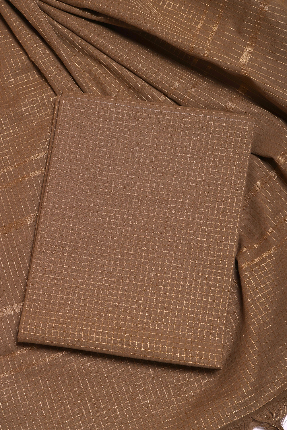 Earthy Brown Woven Suit Set with Subtle Buti & Zari Dupatta