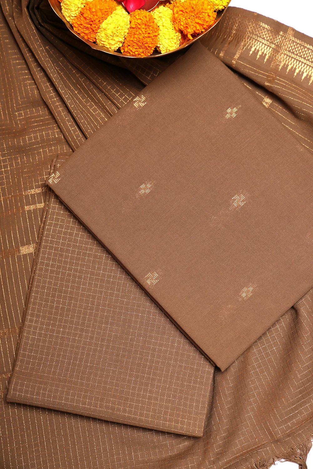 Earthy Brown Woven Suit Set with Subtle Buti & Zari Dupatta