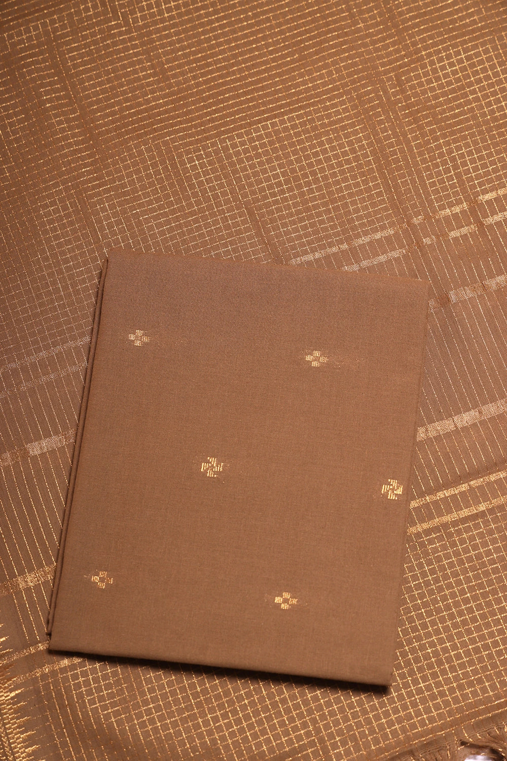 Earthy Brown Woven Suit Set with Subtle Buti & Zari Dupatta