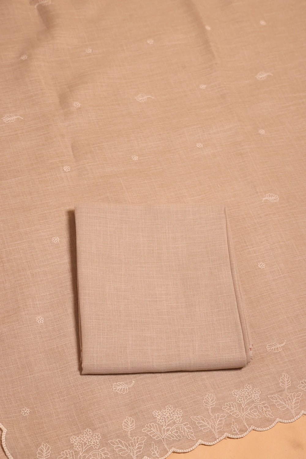 Beige Linen Embriodered Suit Set With Dupatta