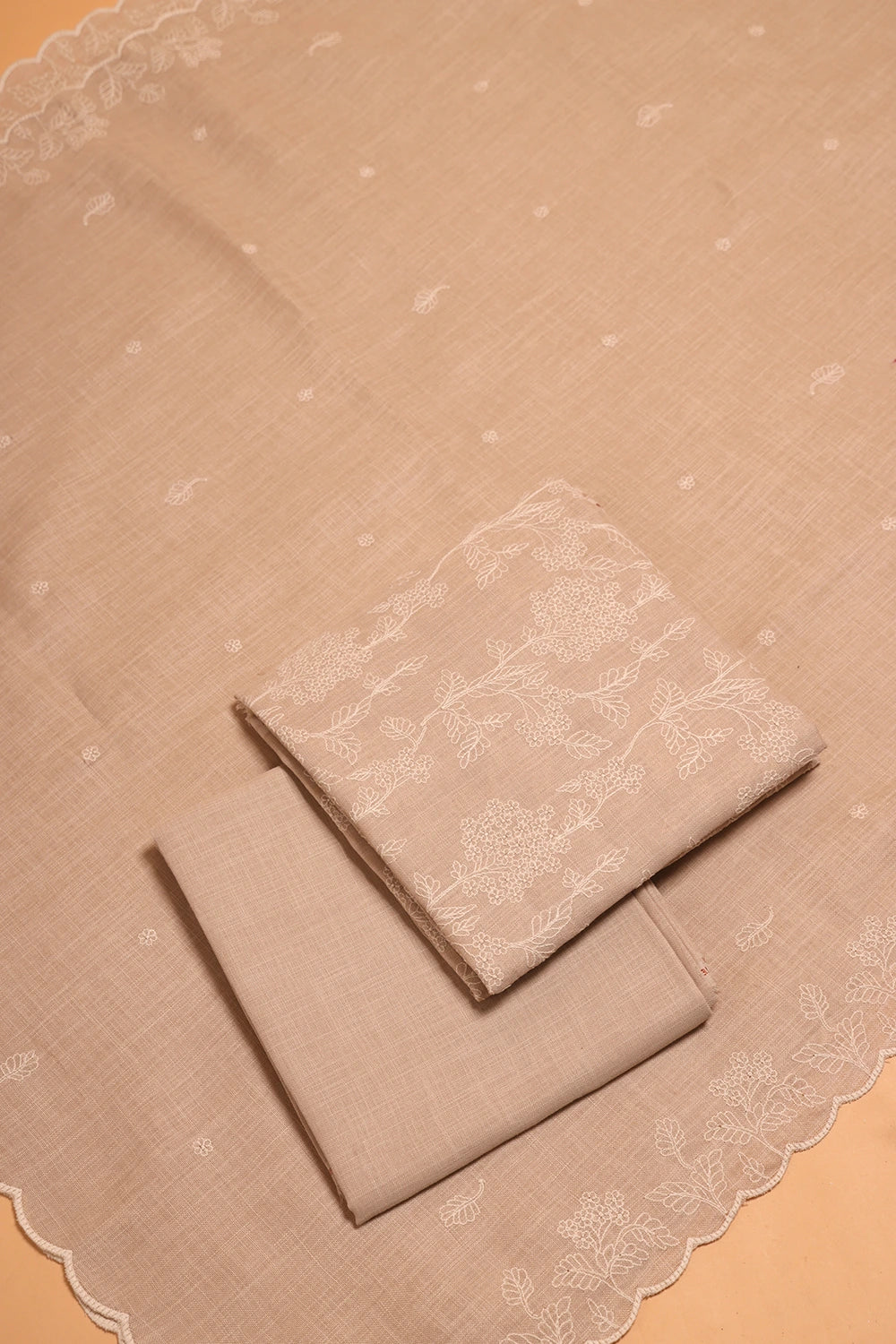 Beige Linen Embriodered Suit Set With Dupatta