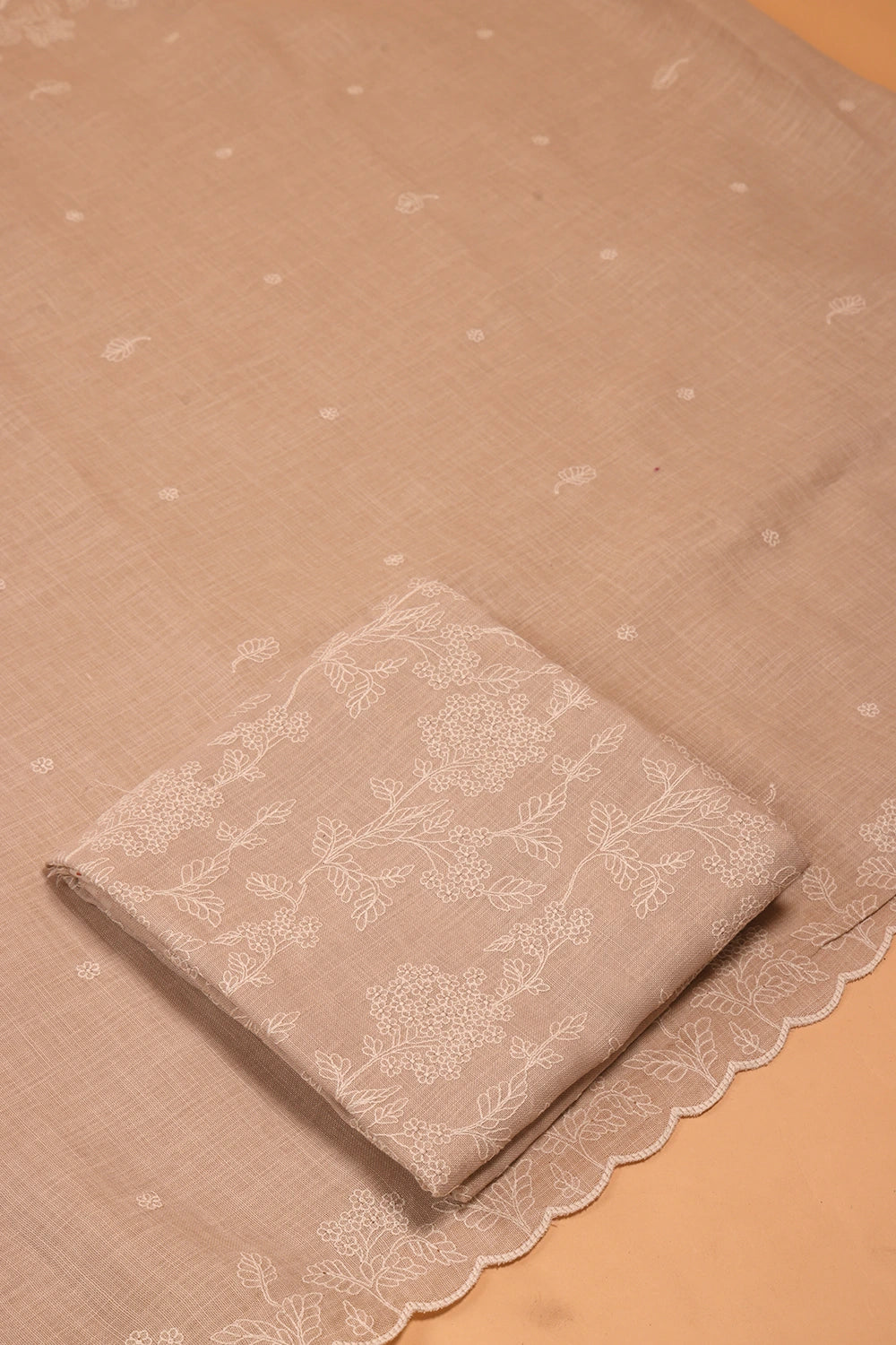 Beige Linen Embriodered Suit Set With Dupatta