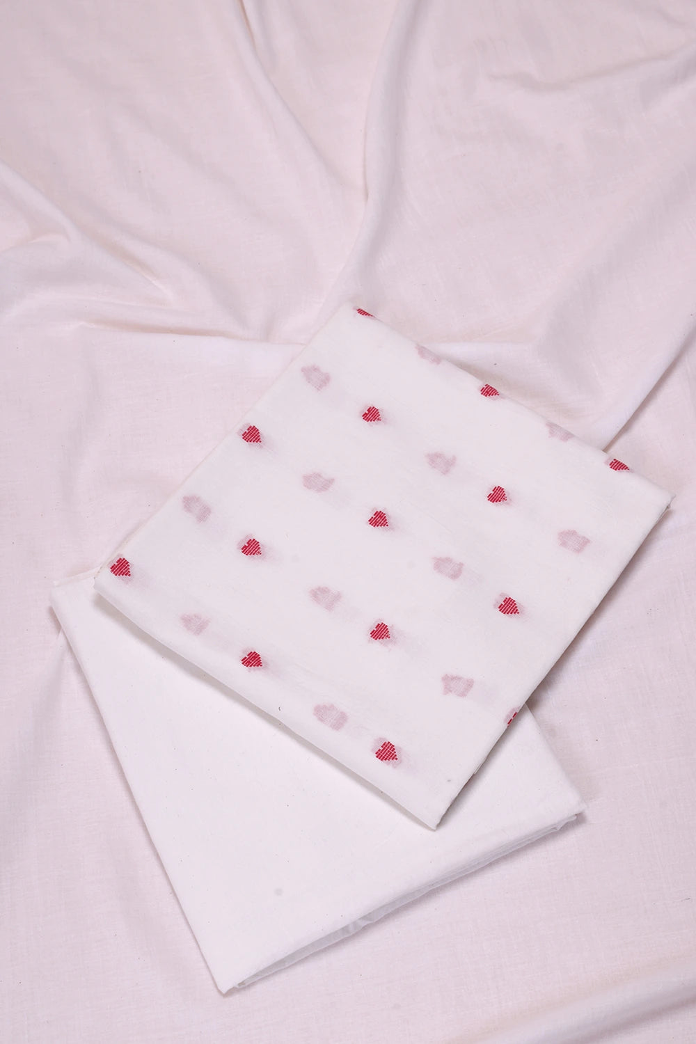 White and Red Heart Woven Suit Set With Dupatta