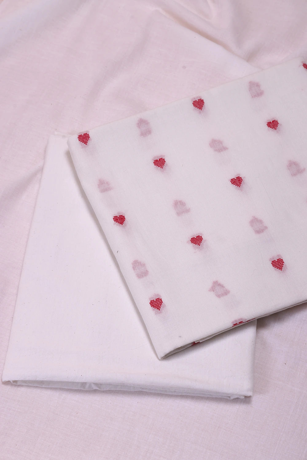 White and Red Heart Woven Suit Set With Dupatta