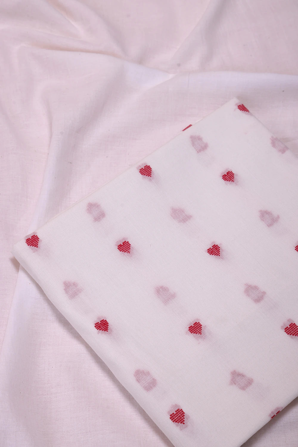 White and Red Heart Woven Suit Set With Dupatta
