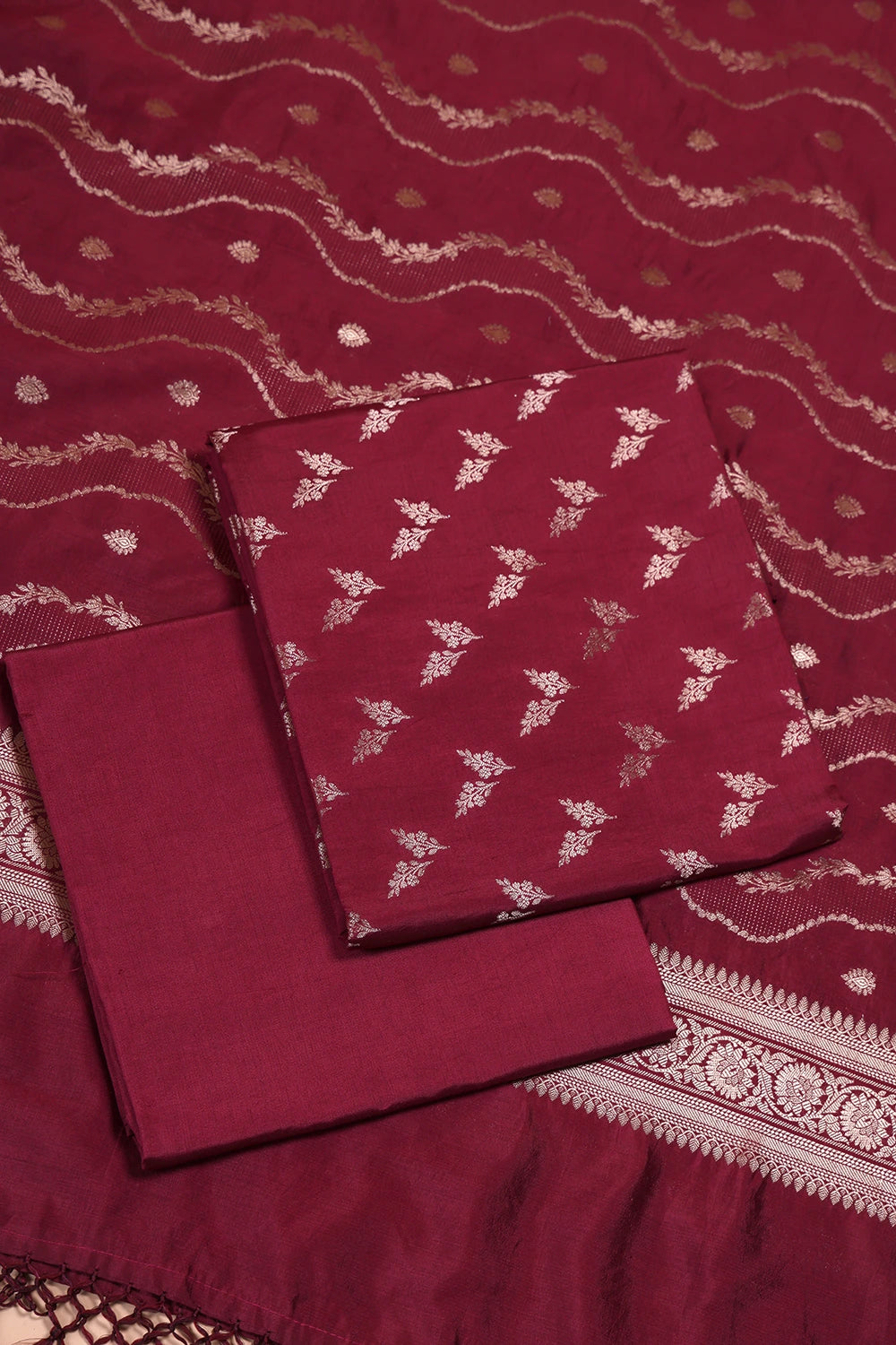 Handloom Wine Pure Silk Banarsai Kurta Set With Dupatta