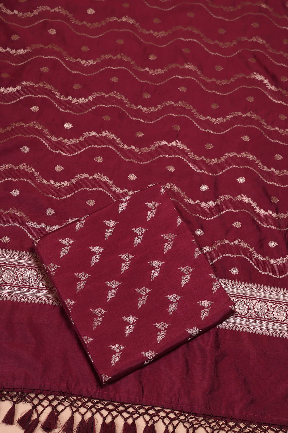 Handloom Wine Pure Silk Banarsai Kurta Set With Dupatta