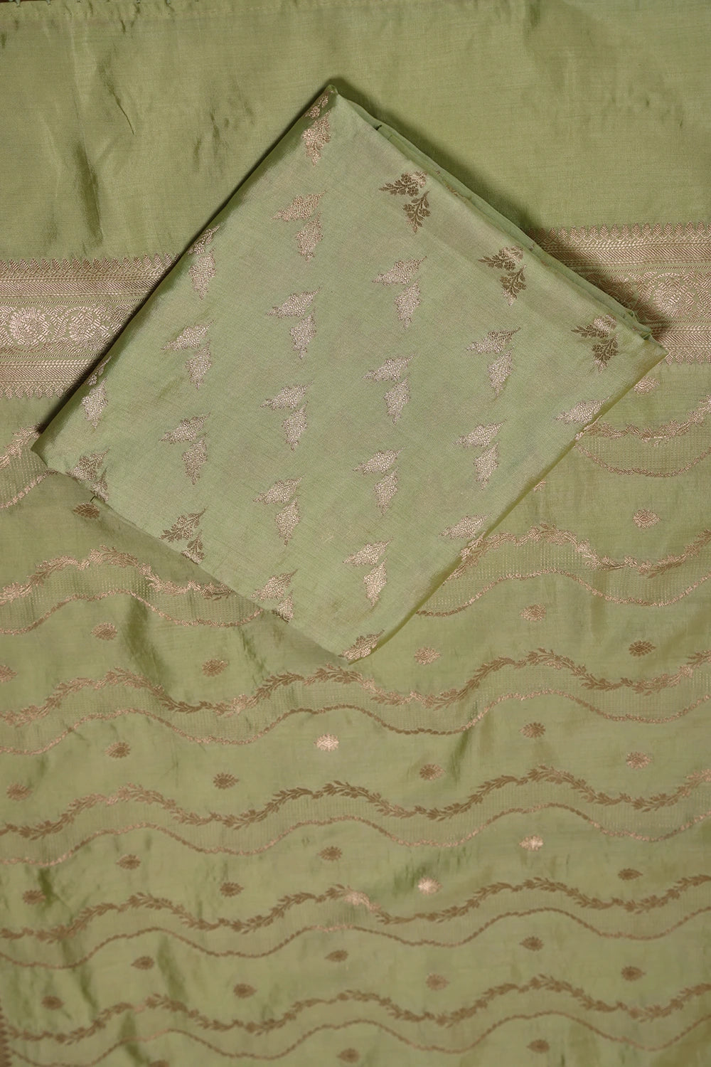 Handloom Pure Silk Pista Green Suit Set WIth Dupatta