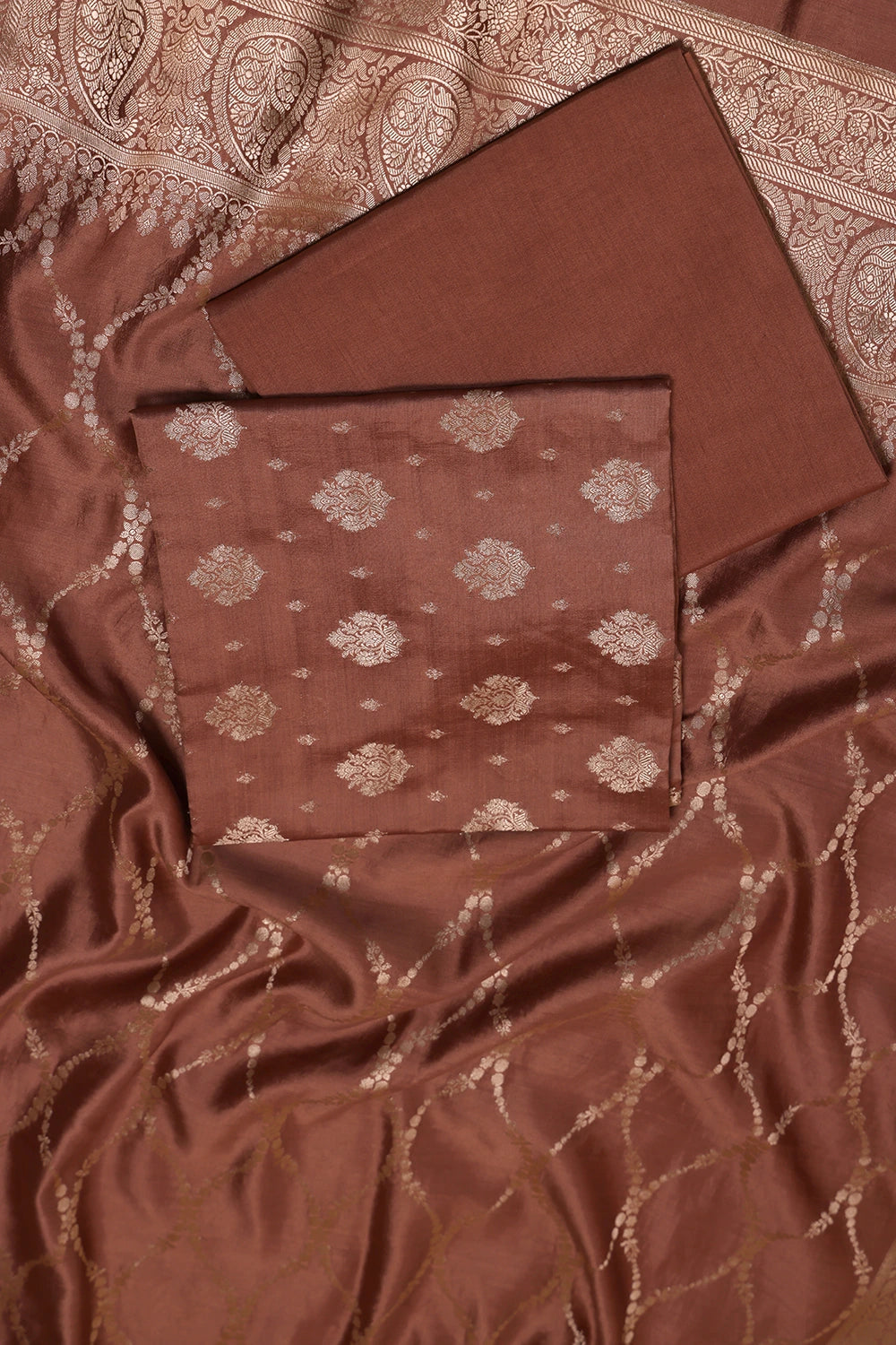 Handloom Pure Silk Mocha Brown Suit Set WIth Dupatta