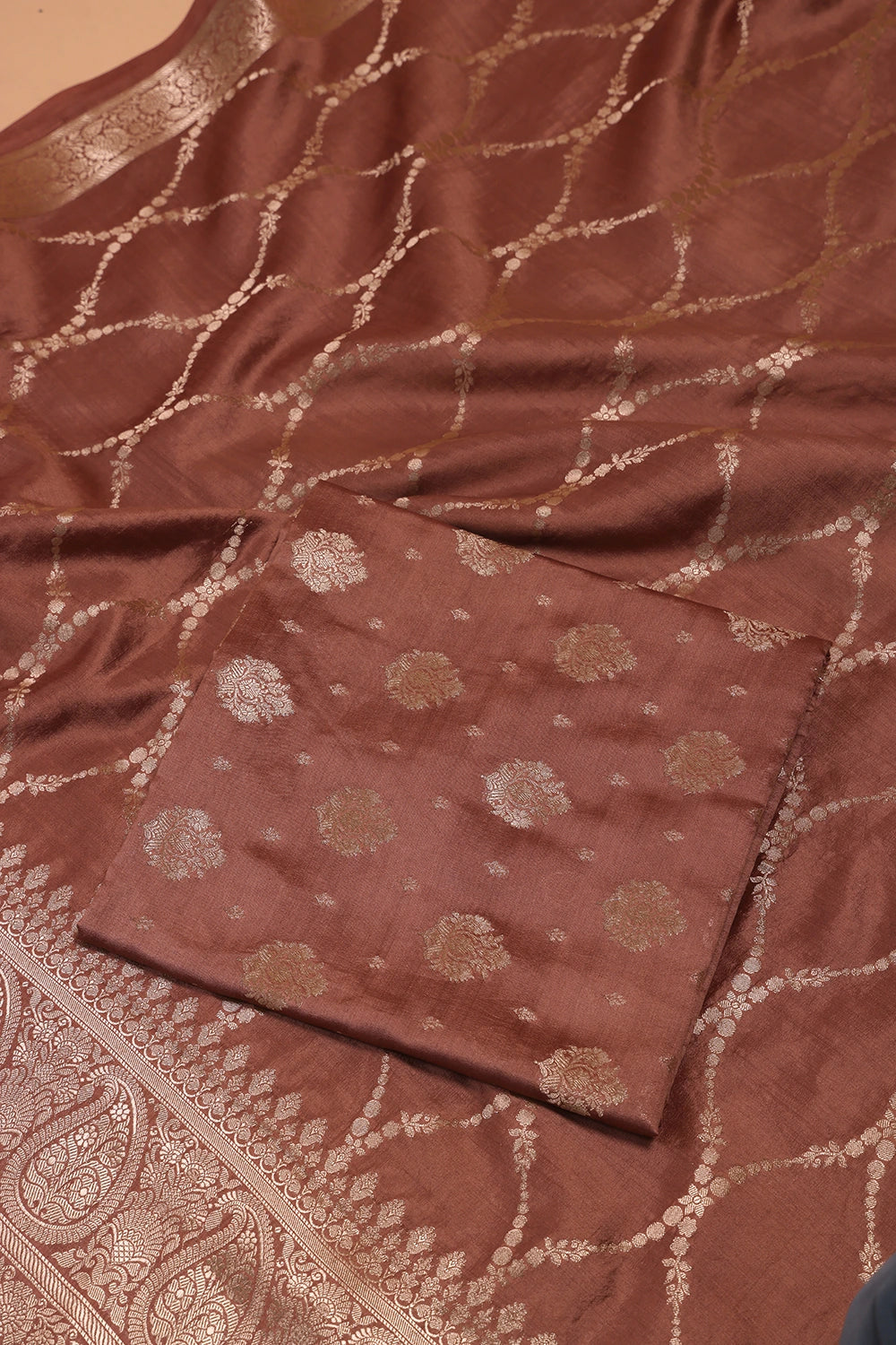 Handloom Pure Silk Mocha Brown Suit Set WIth Dupatta