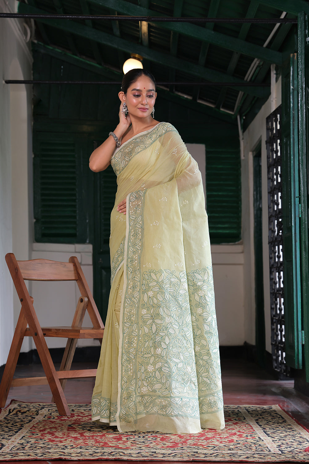 Handloom Tea Green Pure Cotton Kantha Saree