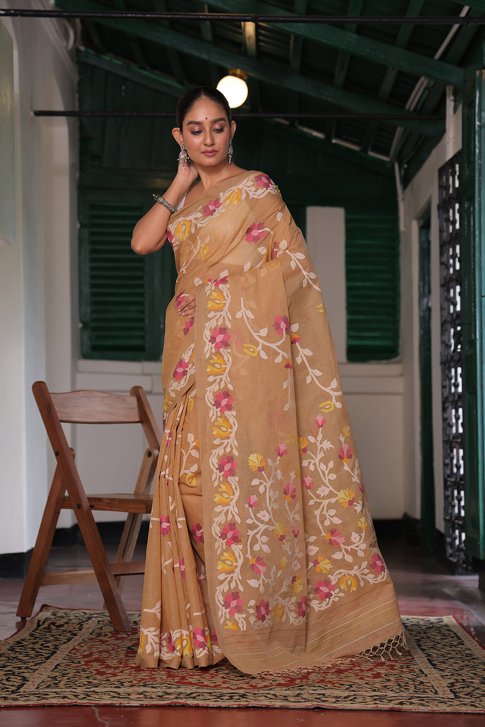 Handloom Mustard Yellow Pure Cotton Jamdani with Floral Motifs