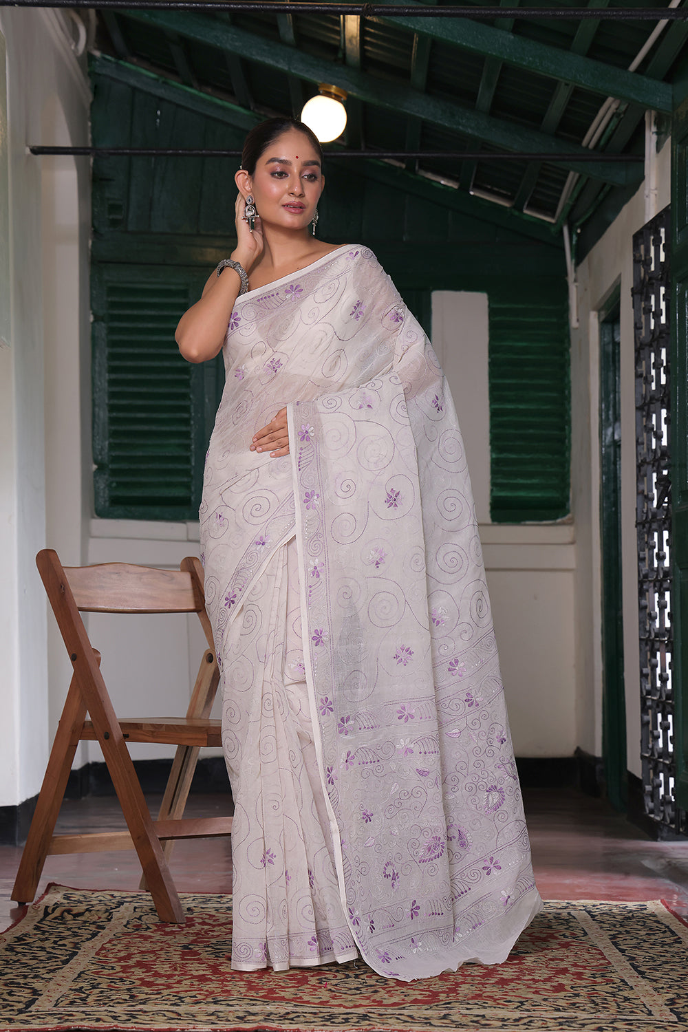 Handloom White Pure Cotton Kantha Saree