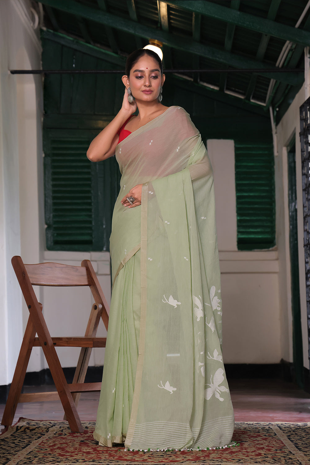 Handloom Pastel Green Soft Cotton Jamdani Saree with Butterfly Motifs Saree