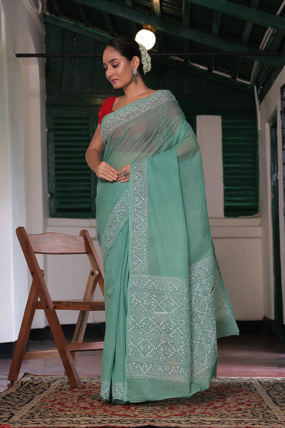 Handloom Sage Green Pure Cotton Kantha Saree