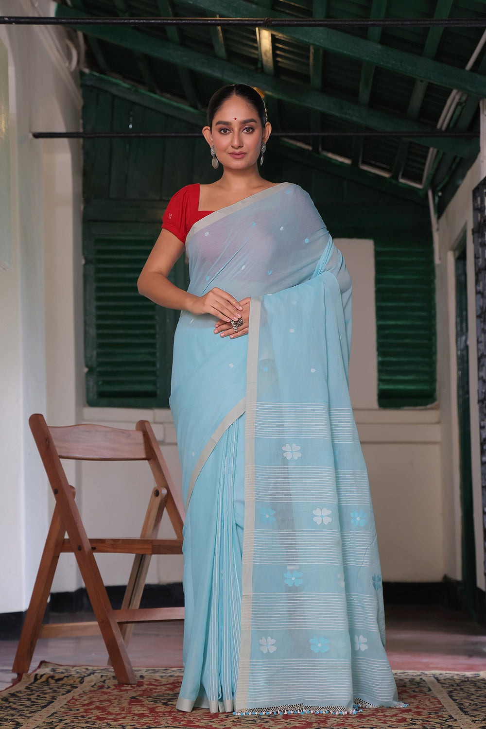 Handloom Sky Blue Soft Cotton Jamdani Saree