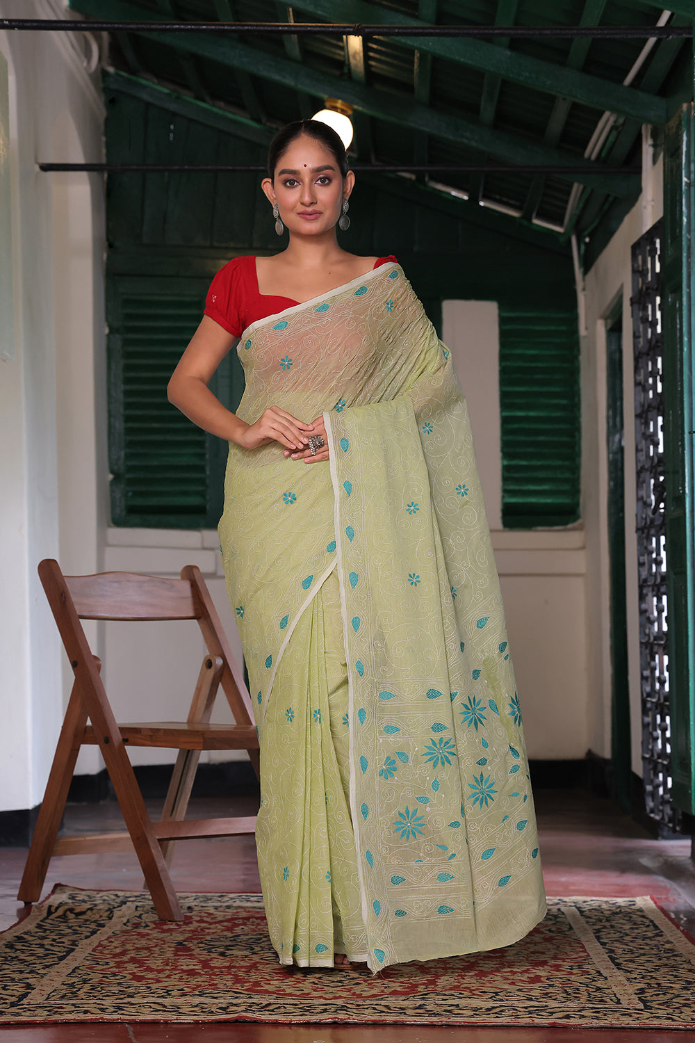 Handloom Mint Green Pure Cotton Floral Kantha Saree