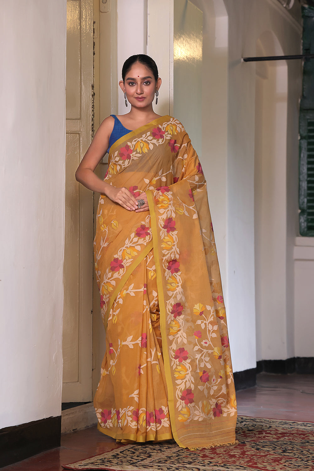 Handloom Ochre Yellow Pure Cotton Jamdani with Floral Motifs