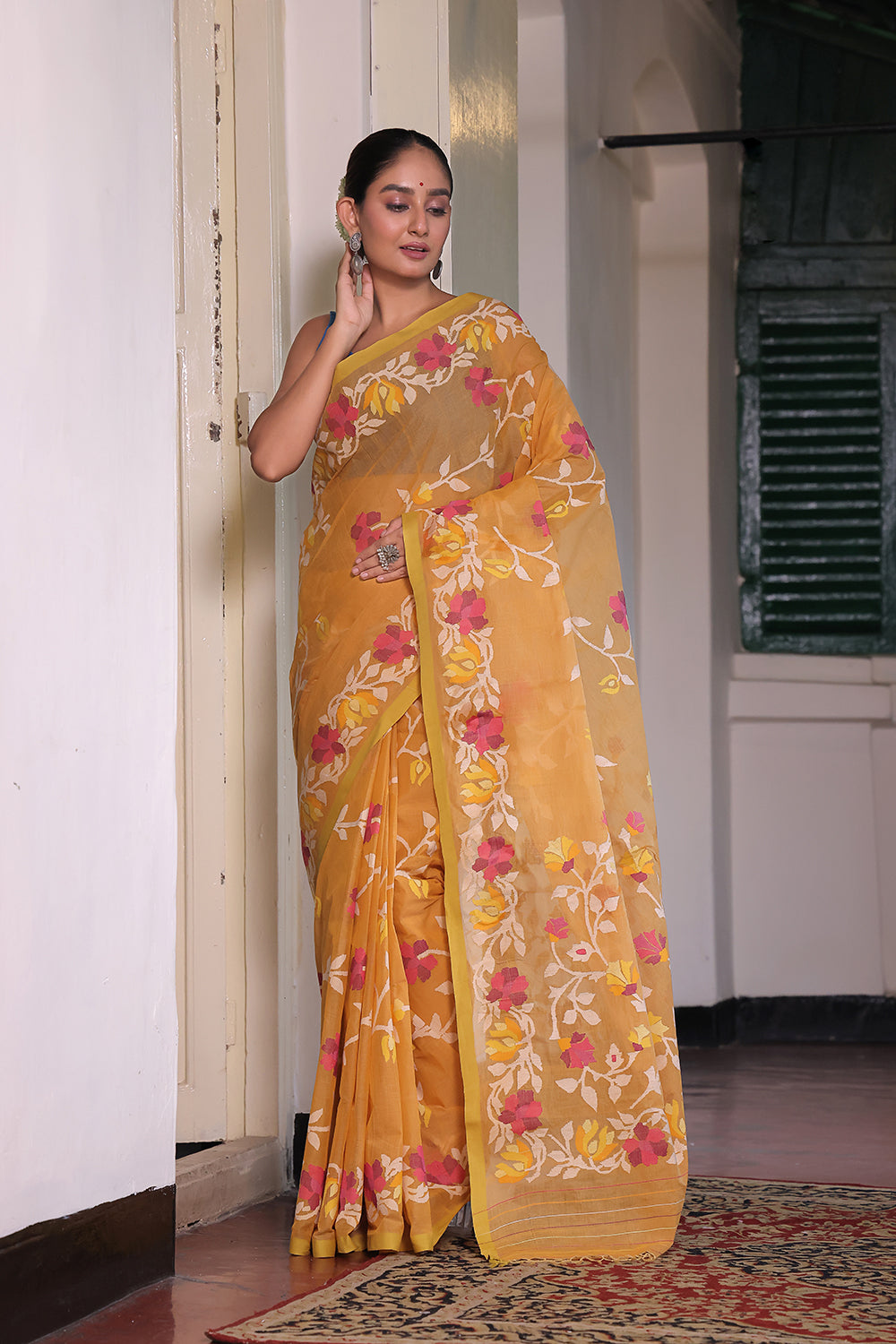 Handloom Ochre Yellow Pure Cotton Jamdani with Floral Motifs