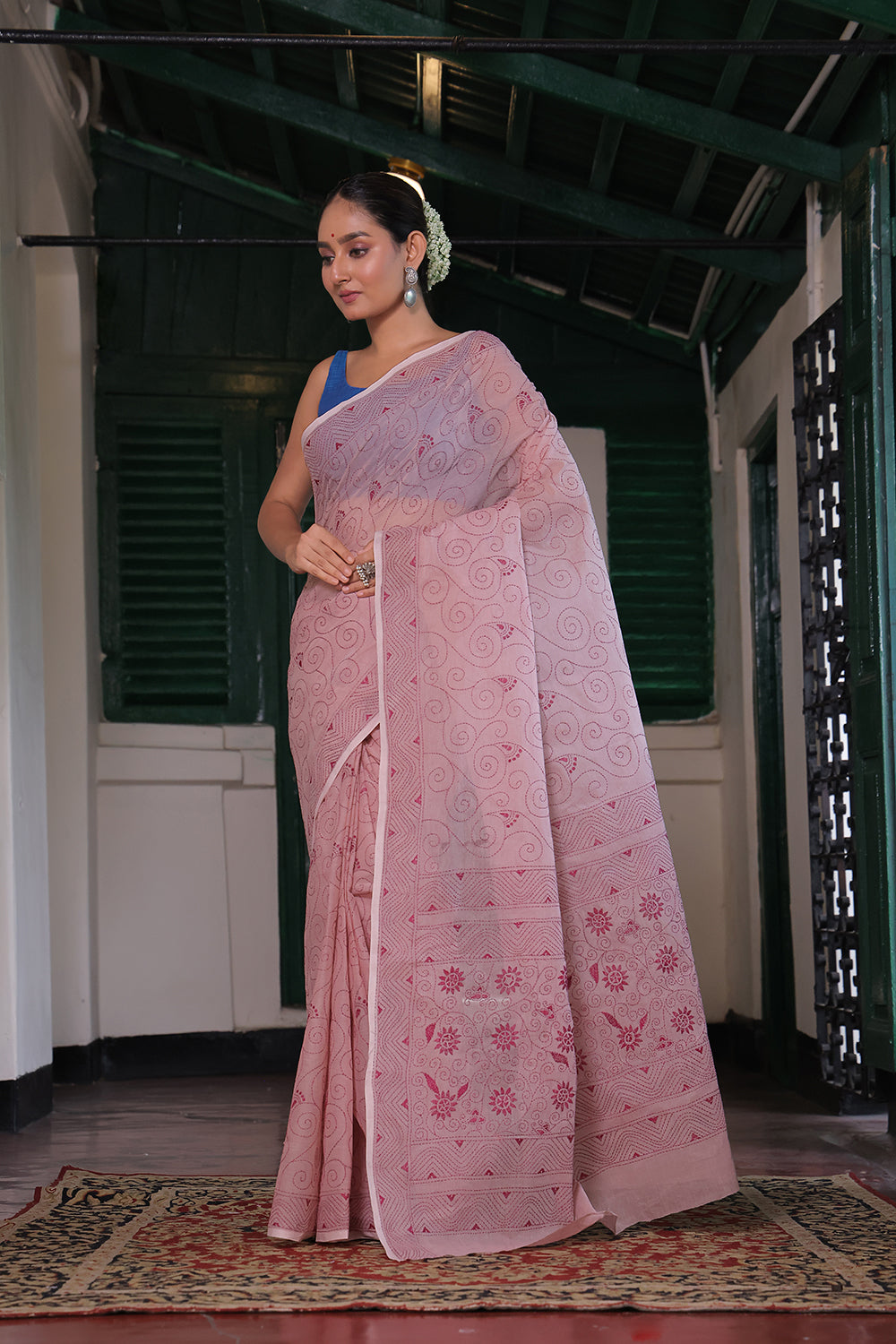 Handloom Flamingo Pink Pure Cotton Kantha Saree