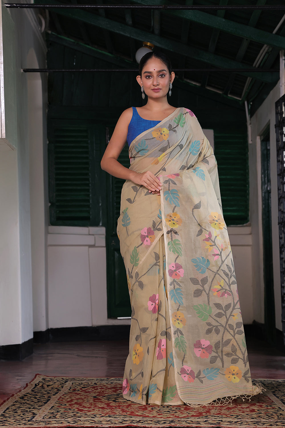 Handloom Yellow Cream Pure Cotton Jamdani with Floral Motifs