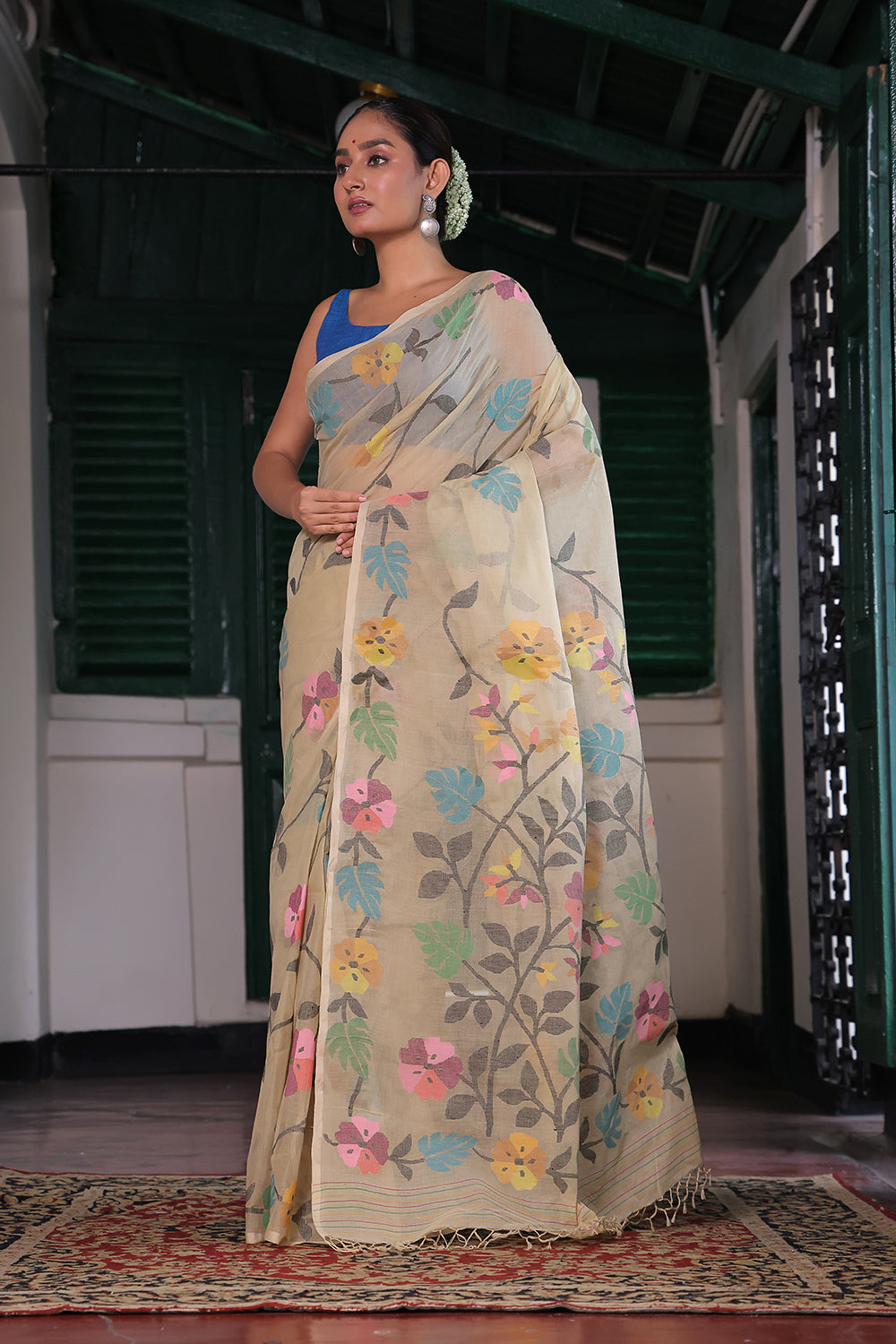 Handloom Yellow Cream Pure Cotton Jamdani with Floral Motifs