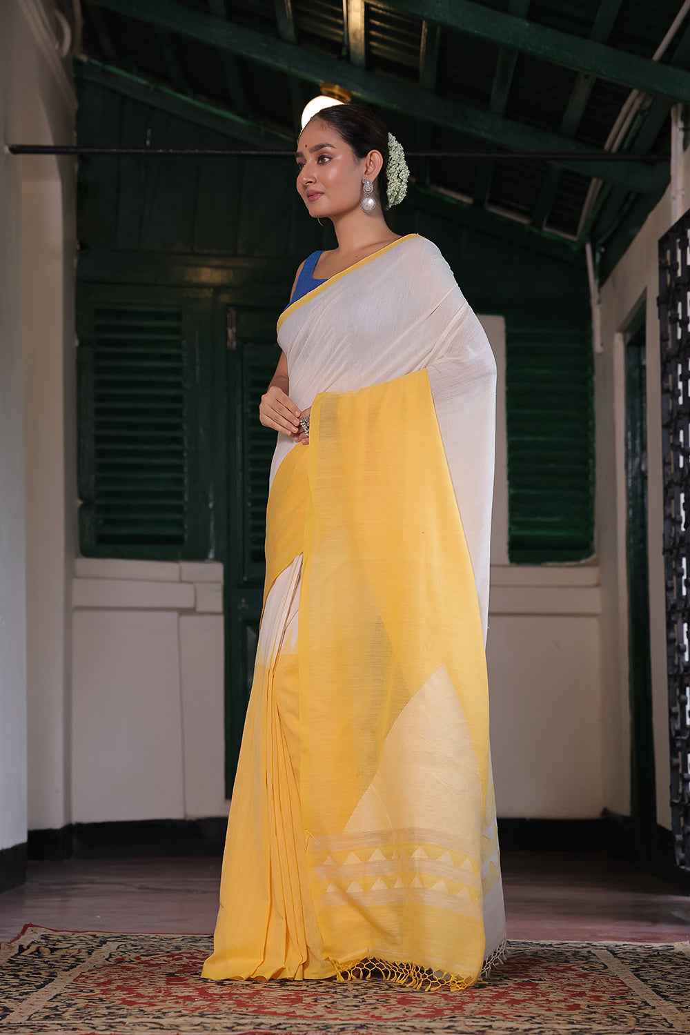 Handloom White & Yellow Soft Cotton Jamdani Saree