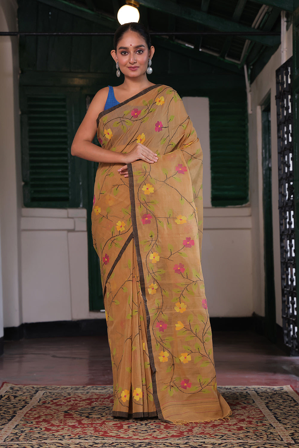 Handloom Gold Yellow Pure Cotton Jamdani with Floral Motifs